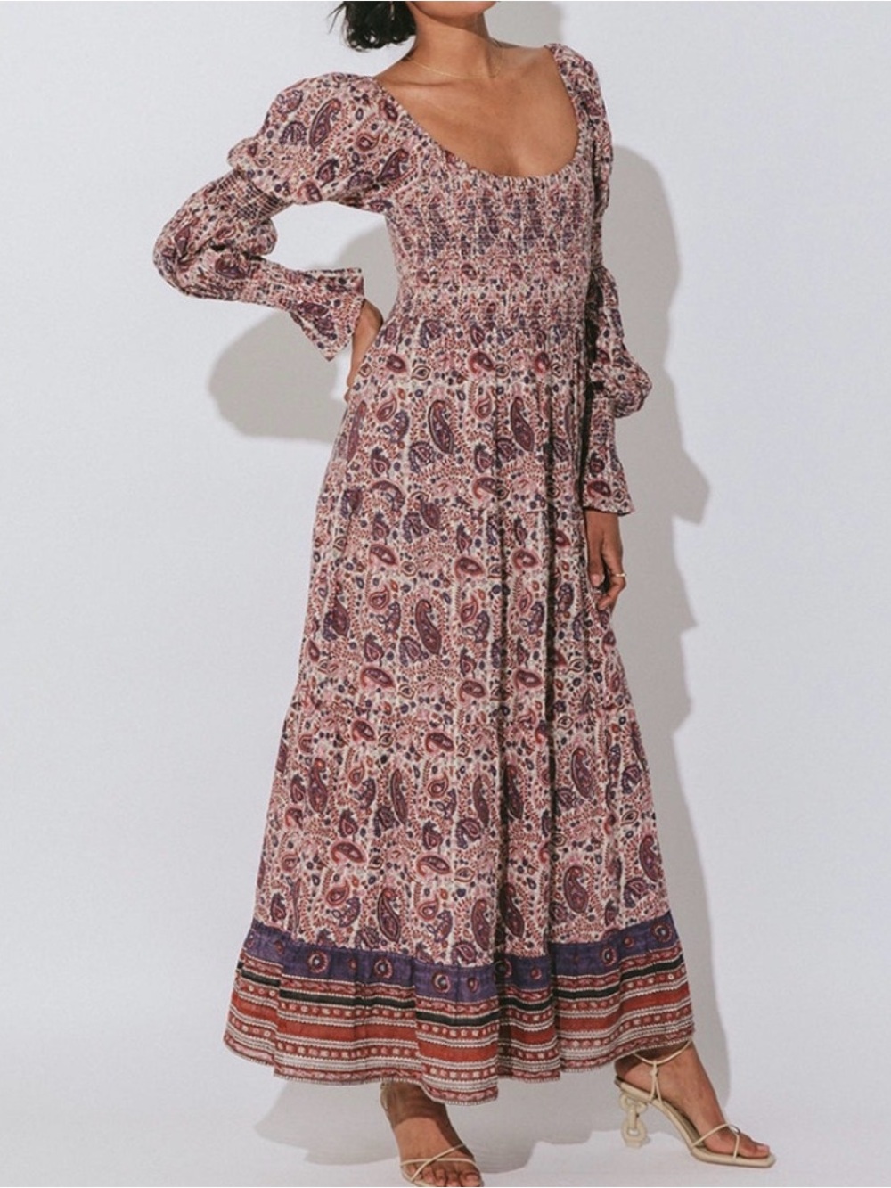 Cleobella Long-Sleeve Paisley Maxi Dress in Beige and Burgundy